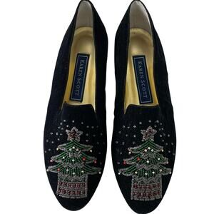 Vintage Karen Scott Black Velvet Christmas Tree Flats Beaded Size 8B Holiday
